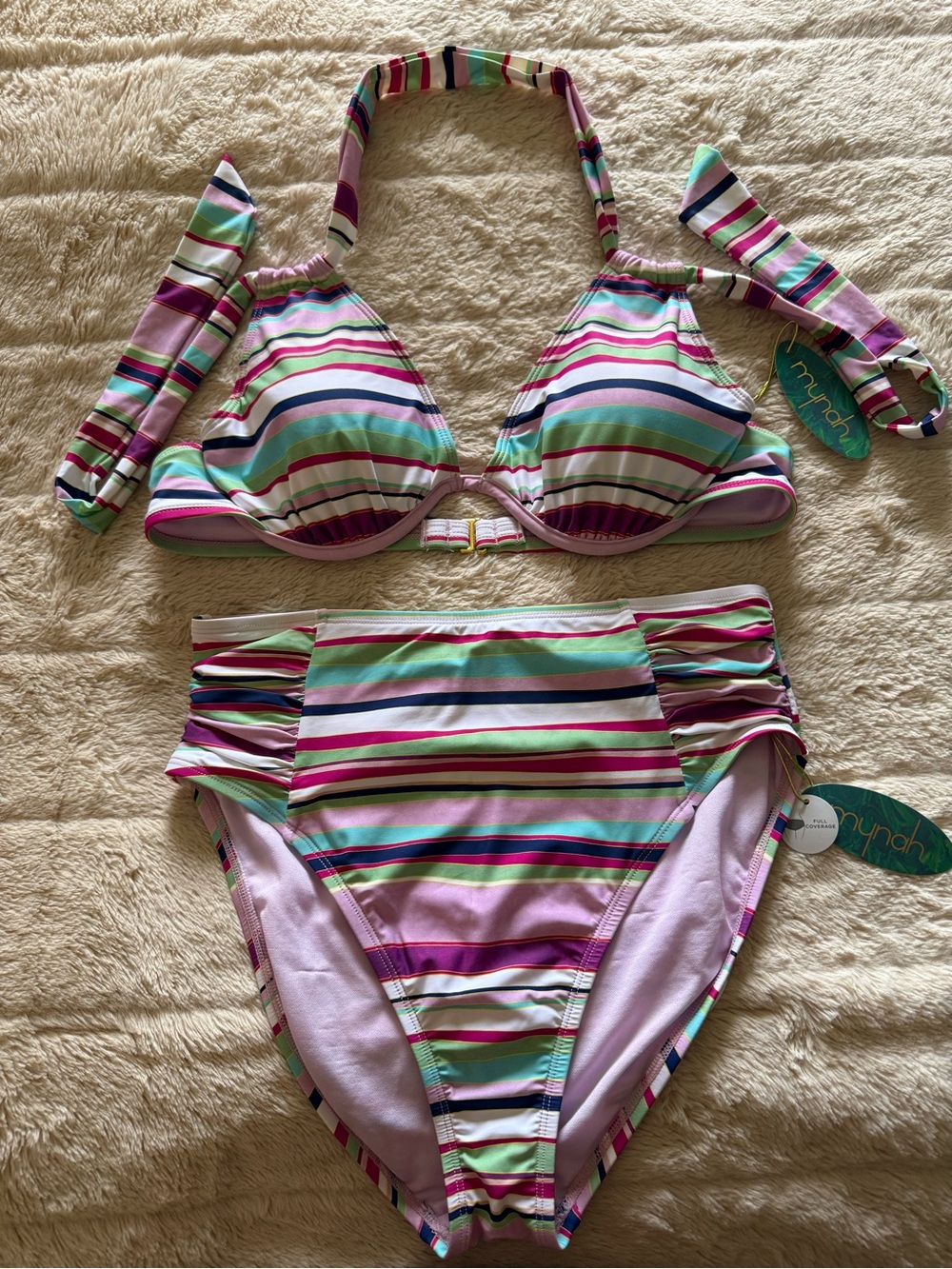 Girls' Striped High-Waist Bikini Set - Pink Multi